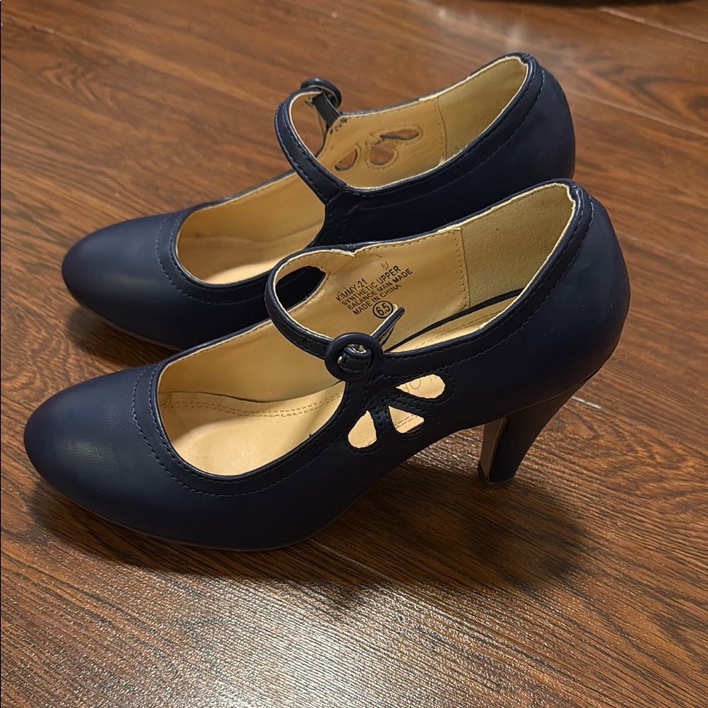 Chase + Chloe Blue Mary Jane Heels with Floral Cutout